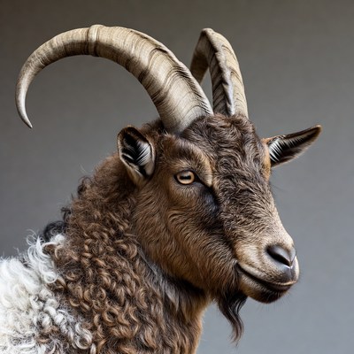 Brown goat with large curved horns