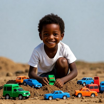 African boy playing toy cars sand