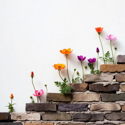 Colorful Flowers Growing on Brick Wall