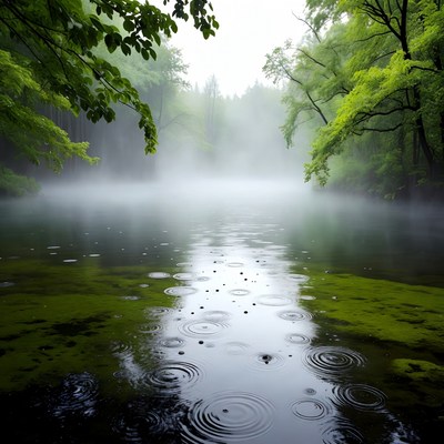 Misty Forest River with Rain Ripples
