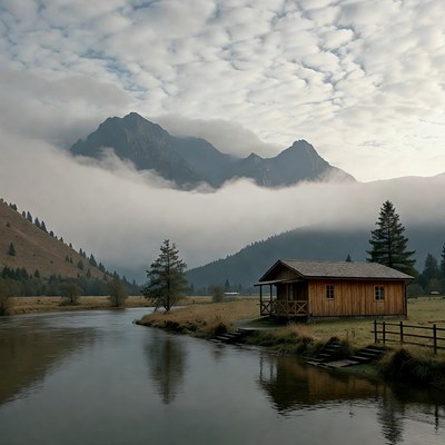 Wooden Cabin by River in Misty Mountains