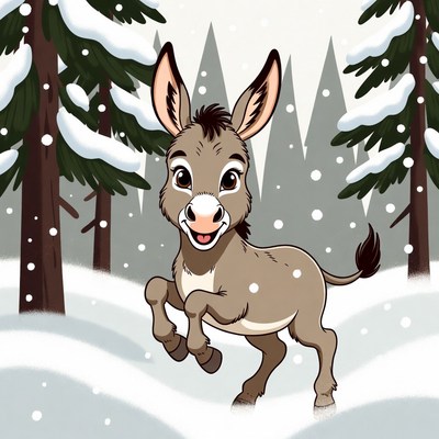 Cartoon Donkey in Snowy Forest