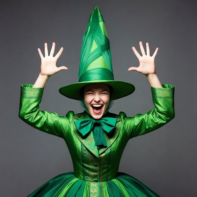 Woman in green witch costume laughing