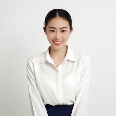 Asian woman smiling in white blouse