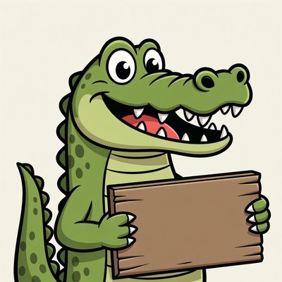 Cartoon crocodile holding blank sign