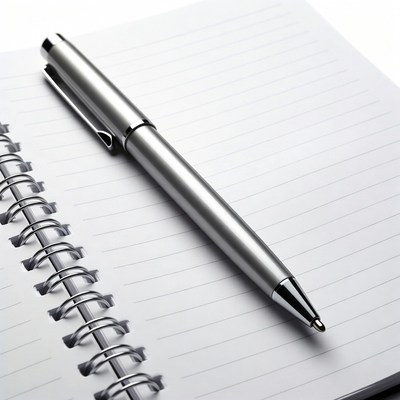 Silver pen on open notebook