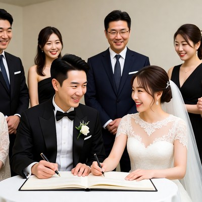 Asian couple signing marriage certificate