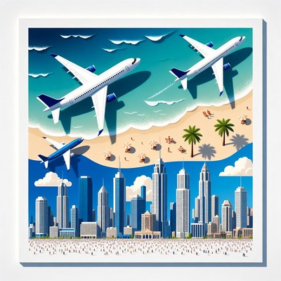Airplanes Flying Over Beach and City