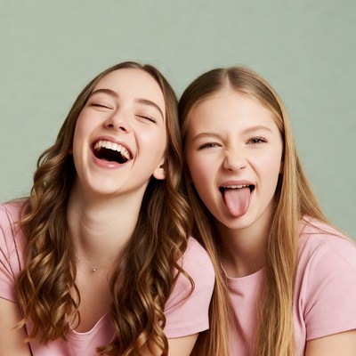 Two girls laughing with tongue out