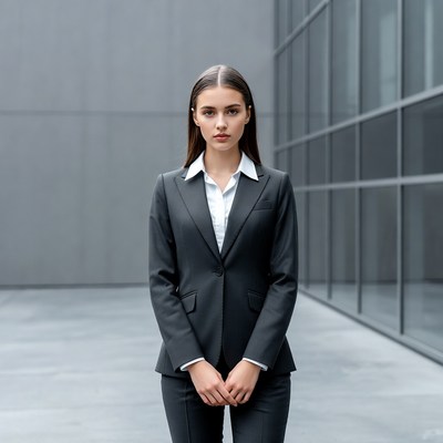 Young woman in gray business suit