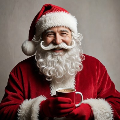 Santa Claus holding red mug