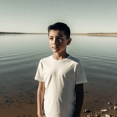Young boy standing by lake