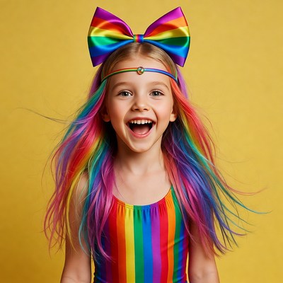 Girl with rainbow hair and bow