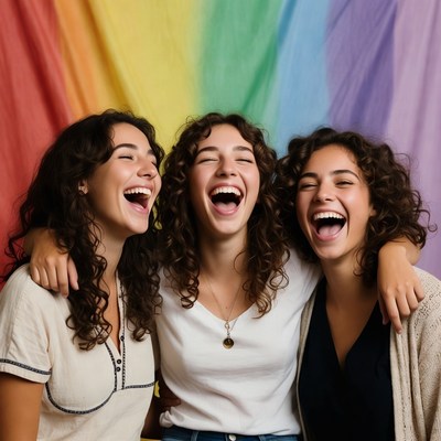 Three women laughing in front of rainbow backdrop