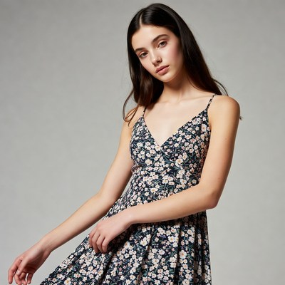 Young woman in floral spaghetti strap dress
