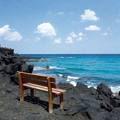 Wooden Bench on Rocky Ocean Cliff