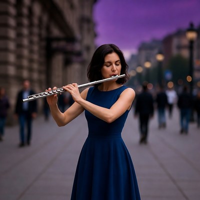 Woman playing flute on city street