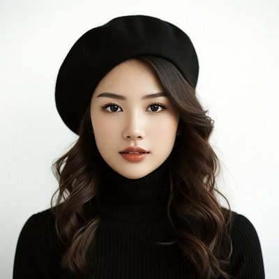 Asian woman in black beret and turtleneck