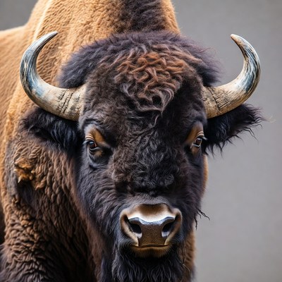 Close-up bison with large horns