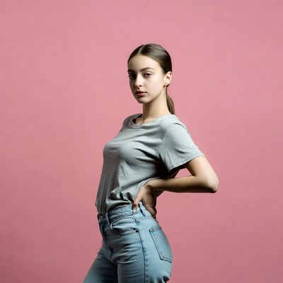 Young woman posing in gray t-shirt jeans