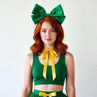 Redhead woman in green bow outfit