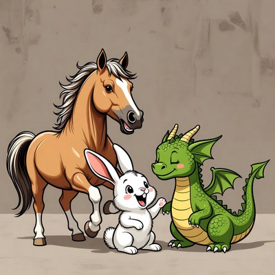 Horse Bunny Dragon Cartoon Illustration