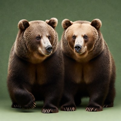 Two Grizzly Bears on Green Background