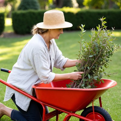 Woman planting shrubs in wheelbarrow