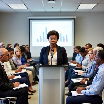 African-American woman presenting to business meeting