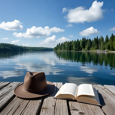 Brown Hat and Open Book on Dock