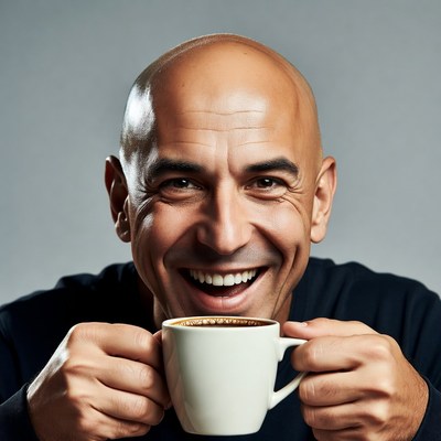 Bald man smiling holding coffee mug