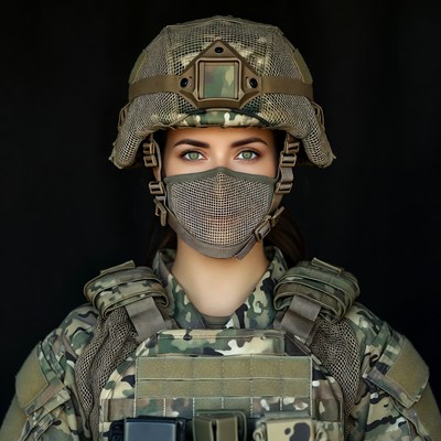 Woman in tactical helmet and mask