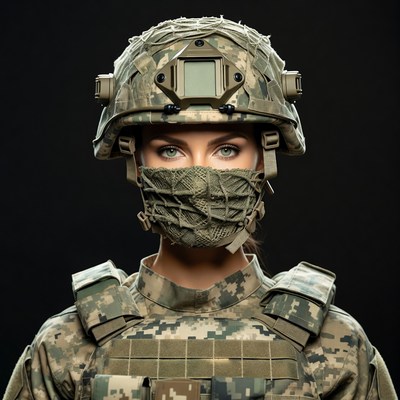 Woman in Camouflage Helmet and Mask