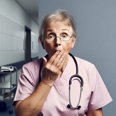 Surprised elderly nurse covering mouth