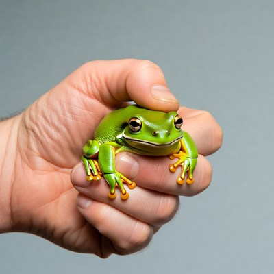 Man holding green tree frog