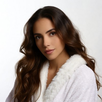 Woman in white bathrobe with wavy brown hair