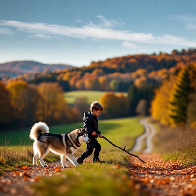 Boy walking Siberian Husky autumn path