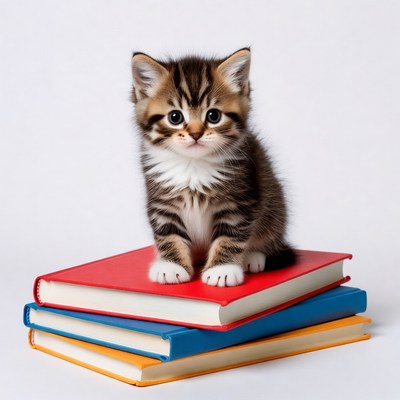 Kitten sitting on stack of books