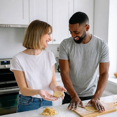 Couple making dough in kitchen