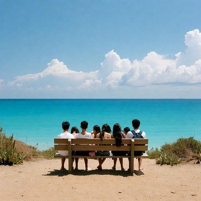 Group sitting on bench overlooking ocean