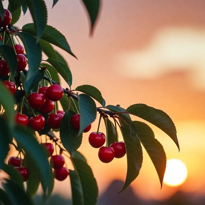 Ripe Cherries on Tree at Sunset