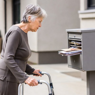 Elderly woman checking mailbox with walker