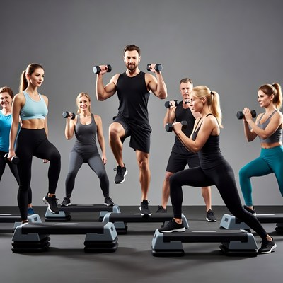 Group Fitness Class with Dumbbells and Step Platforms
