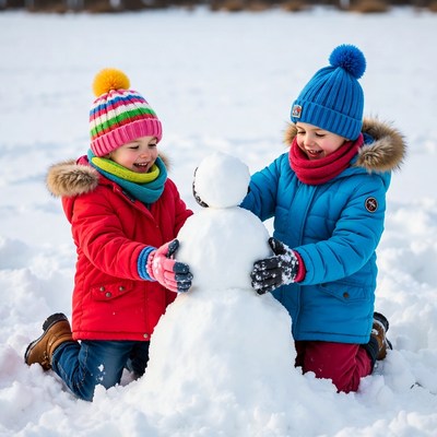 Two girls building snowman