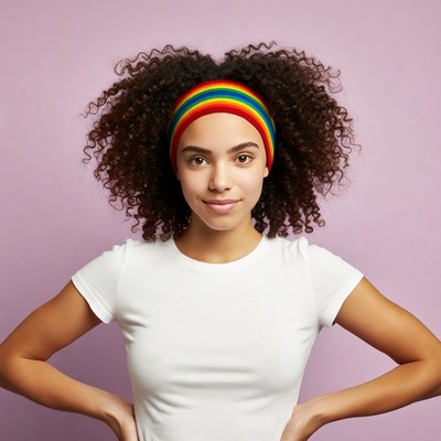 Woman with rainbow headband smiling