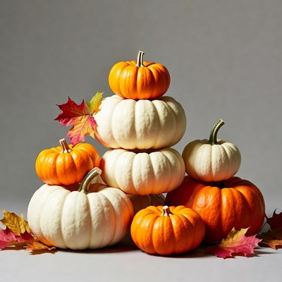 Stack of orange and white pumpkins