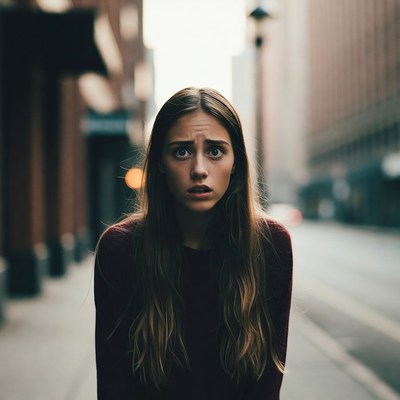 Worried woman on city street