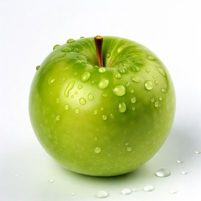 Green apple with water droplets