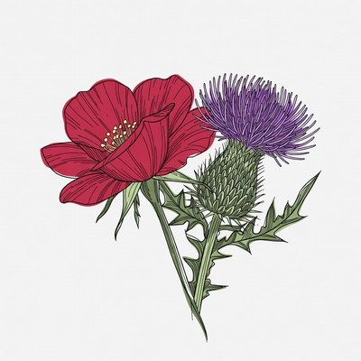 Red Poppy and Purple Thistle Illustration