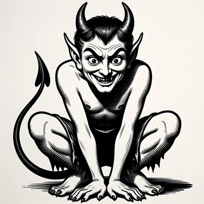 Grinning Cartoon Devil Squatting